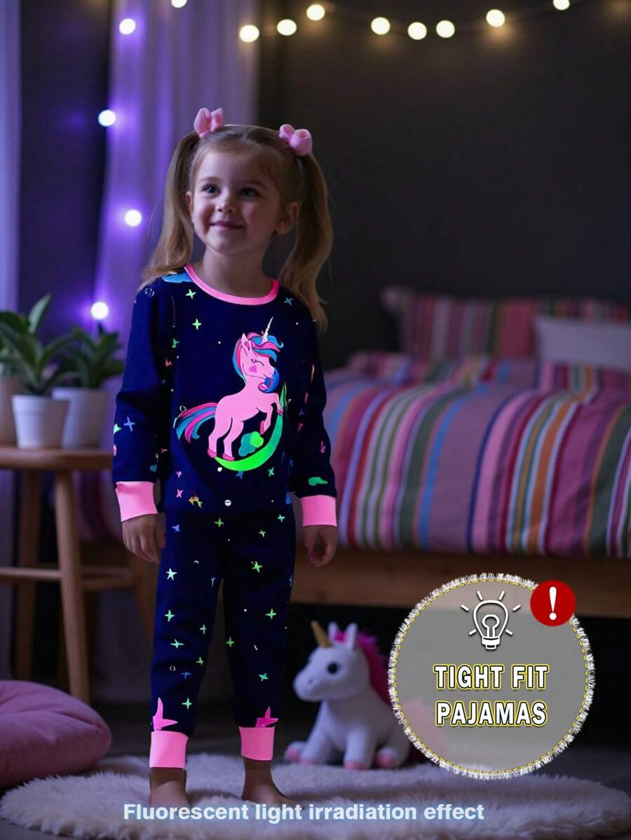 2pcs Baby Girl Black Colorful Glow-In-The-Dark Graphic Print Long Sleeve Top And Pants Pajama Set - Black - View 1