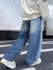 SHEIN Tween Boy Fashion Casual Design Water Ripple Blue Loose Straight Leg Jeans For Dailywear And Fall Kids Clothes - Medium Wash - View 2