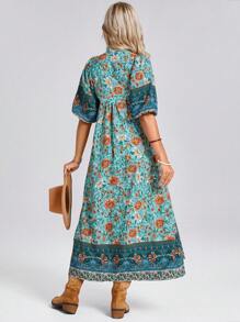 SHEIN LUNE 立领 V 领灯笼袖褶饰高低下摆度假优雅女士长裙带印花