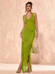 SHEIN BAE Women's Sage Green Solid Color Casual Wrap Skirt With Ruffle Hem, Suitable For Beach Vacation, Holiday, Party, Casual Gathering, Afternoon Tea, Wedding Season,Elegant & Flattering - Green - View 1