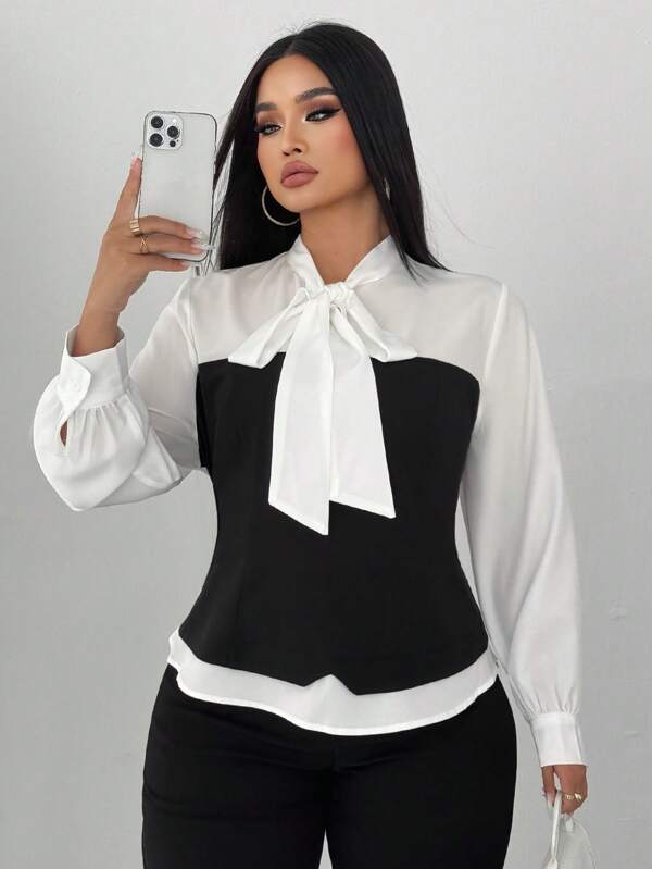 Elenzga Blusa de manga larga elegante con parches en blanco y negro para mujer de tallas grandes