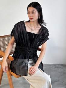 FRIFUL 女士网眼短袖褶腰休闲上衣，适合休闲度假，荷叶边