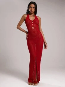 SHEIN BAE Women Red Autumn Party Sweater Dress,Minimalist Fashion Plain Color Casual Summer Dresses,Vacation Beach Outfits For Woman,Western Wear Everyday - Burgundy - View 5