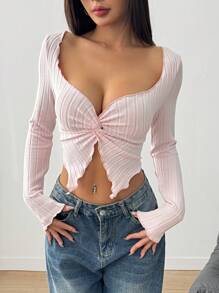 SHEIN EZwear Women Cropped Casual Distressed Ribbed Twist Detail Long Sleeve T-Shirt