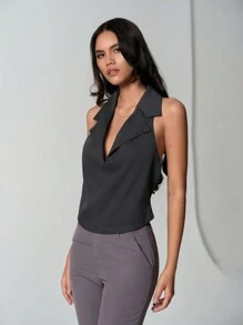 SHEIN Unity Women Solid Color Simple Casual Halter Neck Tie Backless Sexy Cami - Grey - View 5