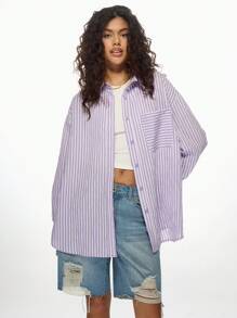 MISSGUIDED Oversized Button Down Striped Shirt Long Sleeve Casual Loose Fit Boyfriend Style Top Spring Summer Fashion Streetwear