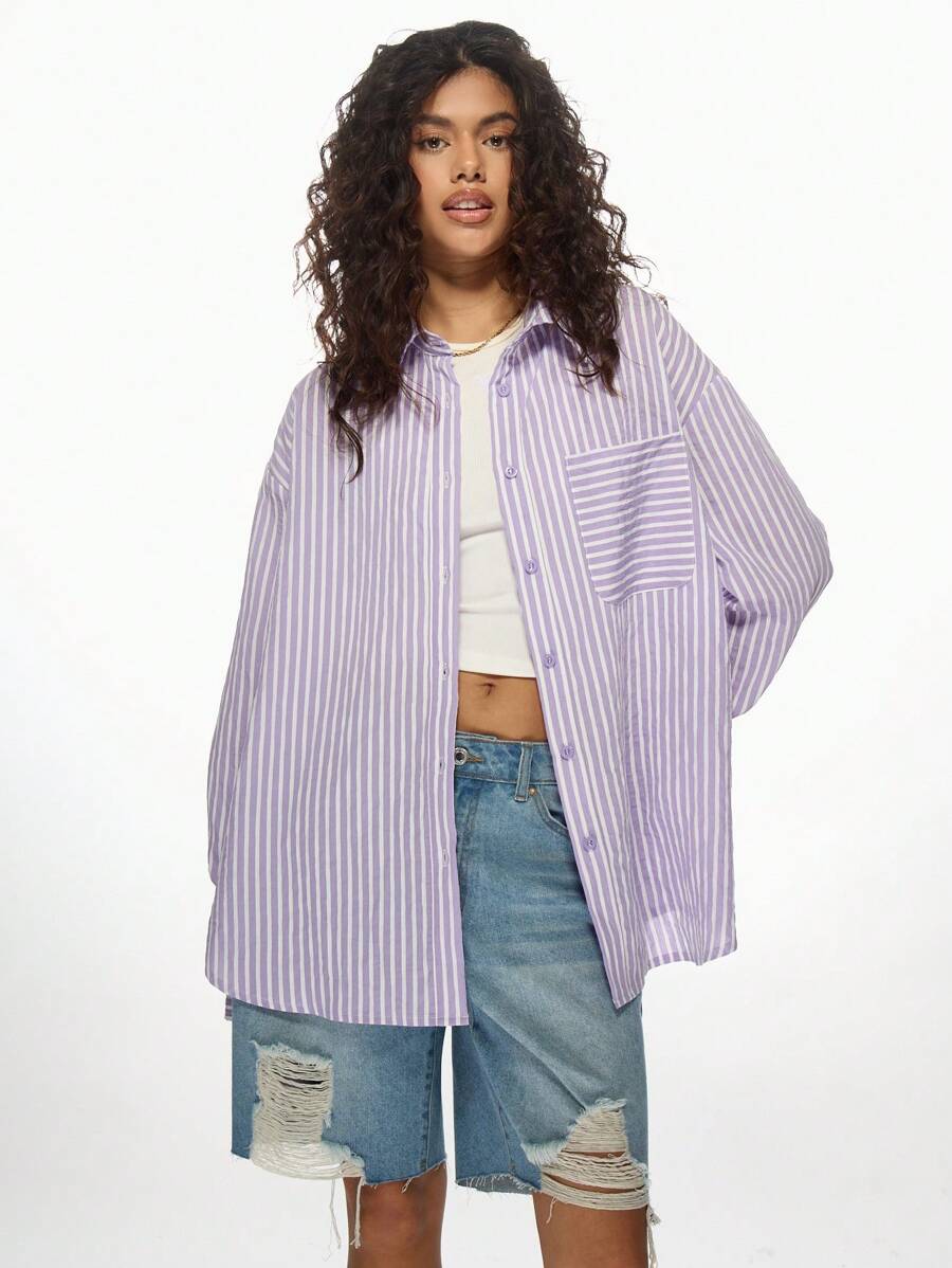 MISSGUIDED Oversized Button Down Striped Shirt Long Sleeve Casual Loose Fit Boyfriend Style Top Spring Summer Fashion Streetwear