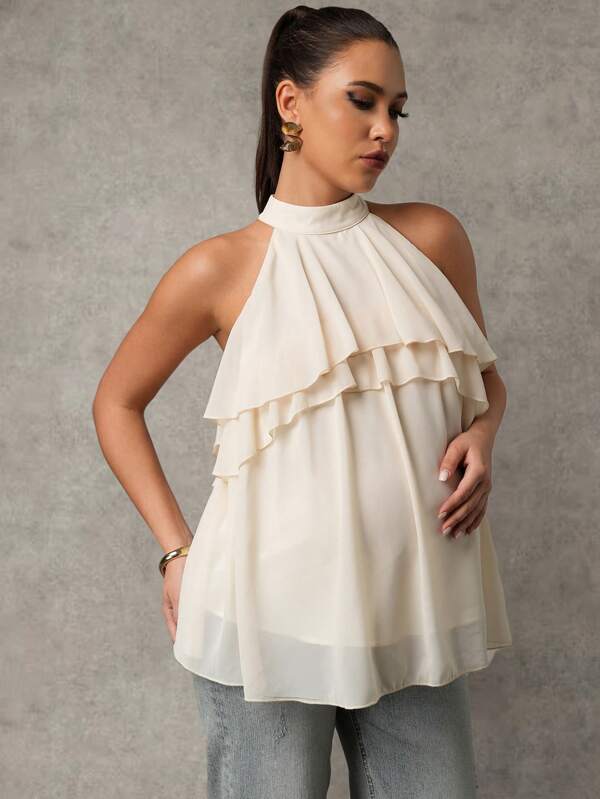 MaterniChic Maternity Solid Color Sleeveless Casual Halter Tiered Blouse