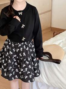 DAZY Young Girl Bow Decor Long Sleeve Top And Mini Skirt, Casual Set - Black - View 6
