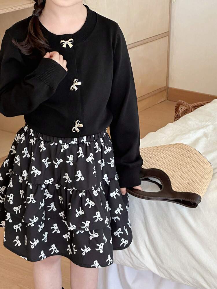 Young Girl Bow Decor Long Sleeve Top And Mini Skirt, Casual Set