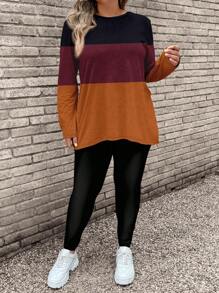 EMERY ROSE 2pcs/Set Plus Size Women Casual Stripe Pattern Long Sleeve T-Shirt And Yoga Pants Suit, Suitable For Autumn/Winter