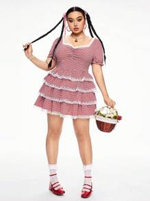 ROMWE Kawaii Vestido de mujer talla grande de verano con mangas abullonadas, estampado de cuadros y dobladillo con volantes multicapa - Rojo - Ver 3