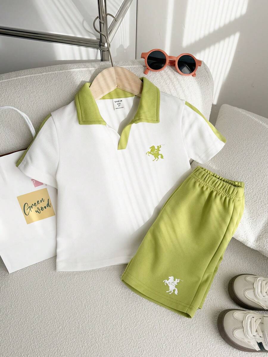 SHEIN 2pcs/Set Young Boy Patchwork Cute Cartoon Horse Print Contrast Color Polo Collar Short Sleeve T-Shirt And Shorts Summer Outfit, Suitable For Outdoor Play, School, Street Style, Party And Casual Wear, Good Value
