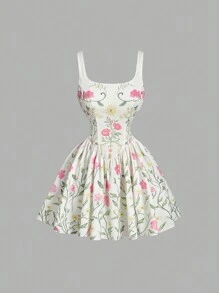 SHEIN MOD 杏色复古浪漫花卉印花女装连衣裙，情人节装，约会连衣裙 - 杏色 - 查看 1