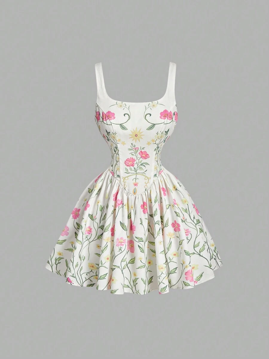 SHEIN MOD 杏色复古浪漫花卉印花女装连衣裙，情人节装，约会连衣裙 - 杏色 - 查看 1