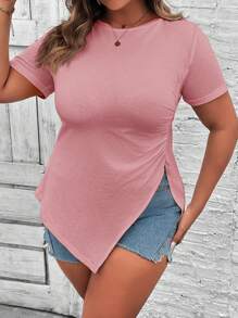 EMERY ROSE Plus Size Women Solid Color Round Neck Short Sleeve Side Split Hem Casual T-Shirt - Pink - View 4