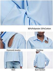 Maija 春夏新款情人节蓝色闪钻镂空现代都市优雅衬衫华丽性感日常休闲浪漫都市度假适合外出聚会婚礼宾客老钱风音乐节90年代女装老钱波西米亚风 - 藍色 - 查看 3