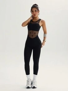 Slayoga Flickwerk Schleife Dekor Mesh ärmelloser rückenfreier Haken Verschluss Sport Jumpsuit