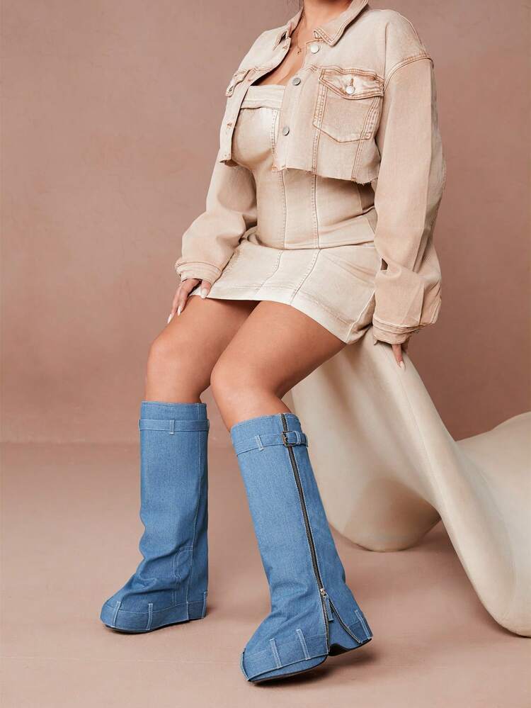 CUCCOO CURVES Plus Size Women Vintage Thick Sole Fashion Round Toe Shark Hem Belt Buckle Long Boots For Autumn/Winter
