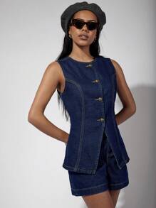 COSMINA Women's Single-Breasted Denim Vest And Shorts Casual Suit, Old Money, Vintage, Fall Women Clothes - Dark Wash - View 5