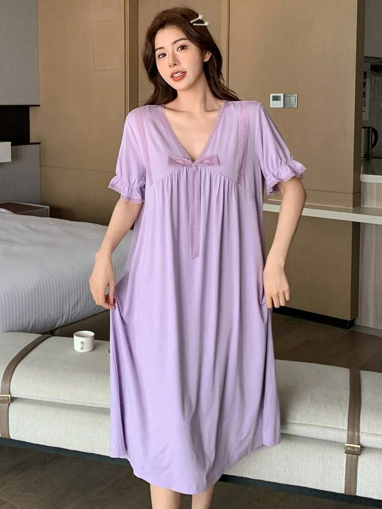 Lace Trim Pleated V-Neck Loose Fit Women's Night Gown Pajama