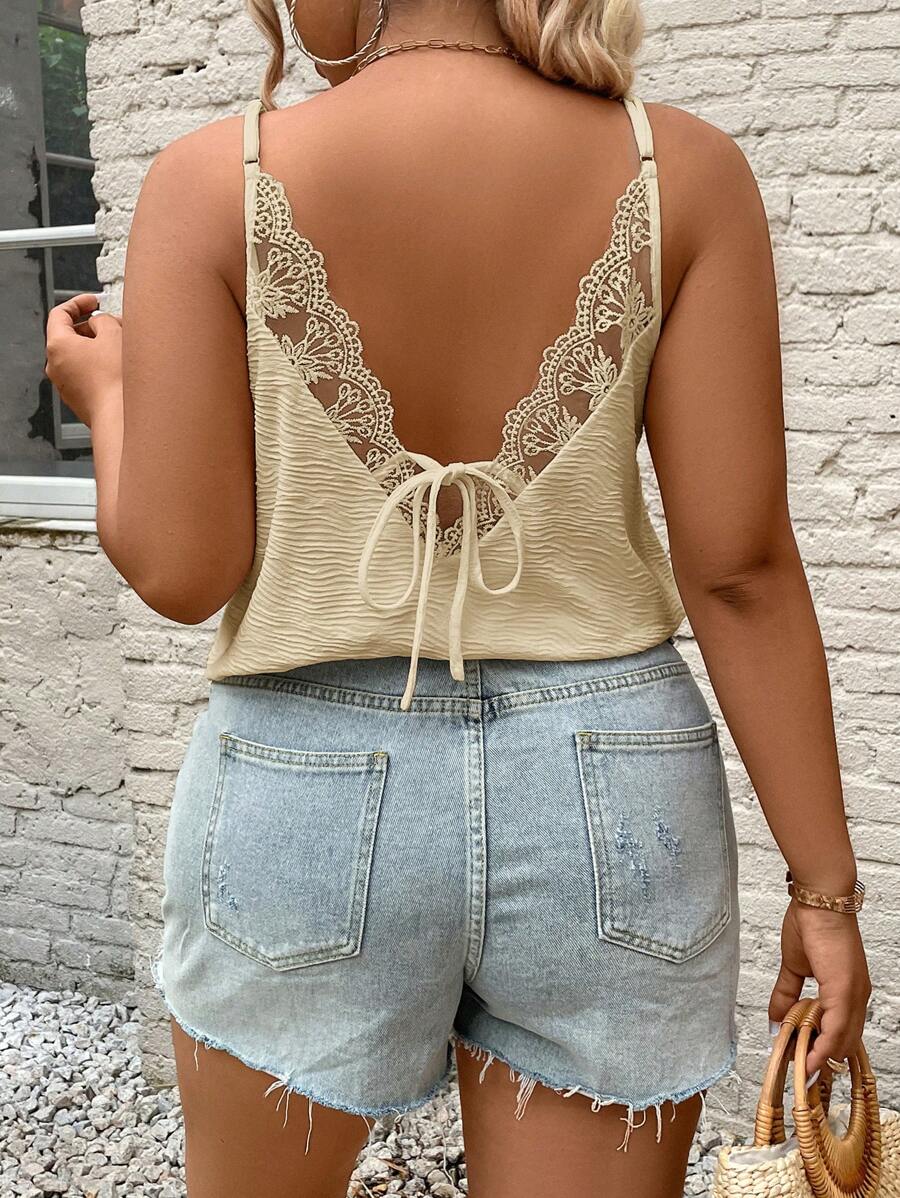 SHEIN Frenchy Plus Size Light Yellow Lace Trim Tie Back Summer Tank Top - Apricot - View 1