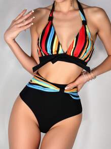 SHEIN Conjunto de bikini a rayas informal de moda deportiva para vacaciones de verano, outfits de playa para mujeres