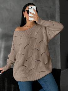 EURMUSE Plus Size Solid V-Neck Long Sleeve Casual Pullover Sweater - Beige - View 4