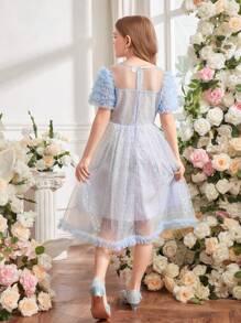 Vestido de princesa elegante, luxuoso e adorável com decoração de malha e lantejoulas para meninas pré-adolescentes - Azul - Ver 2