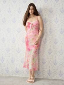 SHEIN MOD Sfumato Floral 粉色绚丽花卉领口蕾丝拼接网纱连衣裙，波西米亚风连衣裙，优雅连衣裙，茶会连衣裙，女性约会连衣裙，情人节连衣裙，夏季连衣裙，邮轮连衣裙，沙滩连衣裙