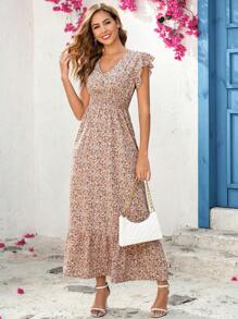 Ellevyn Women's Elegant Shirred Cap Sleeve Ditsy Floral Slim A-Line Dress, Spring/Summer Holiday For Summer Beach Vacation Floral Summer Dresses Vacation Outfits Boho Summer,Easter Dress,Concert Outfit,Country Concert Outfit,Casual Country Outfits, Wedding Guest Dress Women Rave Outfits Festival,St Patrick Day Outfit,Ibiza Fits, For Women,Sundress,Spring Break,Floral Dress Saint Patrick,Vacation Outfits - Multicolor - View 4