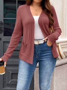SHEIN LUNE Plus Size Solid Color Long Sleeve Pockets Simplistic Cardigan, Casual For Daily Wear Festival Summer Spring For Women In Fall, Winter - Dusty Pink - View 4