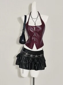 SHEIN ICON 女士纯色勃艮第红色蝴蝶结装饰时尚 PU 皮革挂脖吊带背心