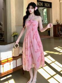 DAZY 女式全花卉印花中长领系带休闲连衣裙太阳裙