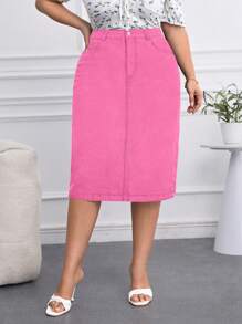 SHEIN Privé Plus Size Women's Straight Stretch Denim Skirt