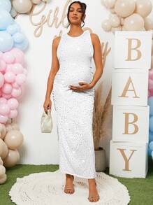 Loomaby Maternity Ruched Gender Reveal Dress For Baby Shower Party - White - View 1