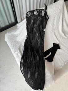 DAZY Lace Sheer Slit Ladies' Sexy Nightgown (With Sleeve) Lingerie For Women - Black - View 10