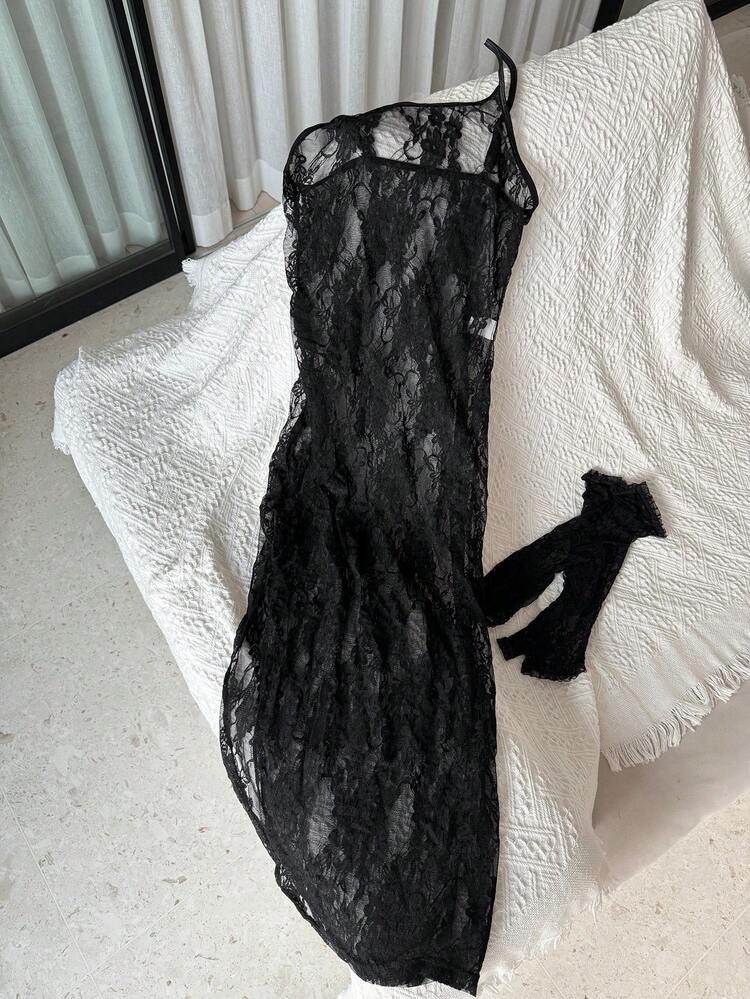 Lace Sheer Slit Ladies' Sexy Nightgown (With Sleeve) Lingerie For Women