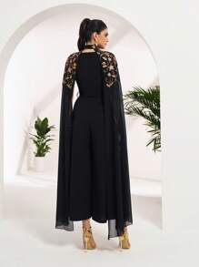Al Najma Women's Floral Embroidery Mesh Patchwork Wide Leg Jumpsuit - Black - View 3