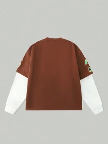 ROMWE MEN Prep Kaos Baseball Kasual 2 in 1 Lengan Panjang Kerah Bulat Pria dengan Cetakan Huruf - Coffee Brown - View 2