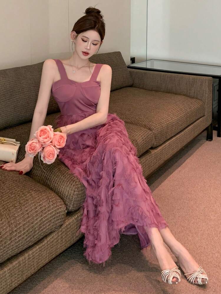 Women's Plain Color Fringe Wide Strap Casual Long Dress Prom Dress Sundress, Formal Women Dresses Elegant Women Dress