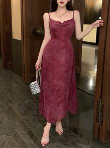 DAZY Damen elegantes Kleid mit drapiertem Ausschnitt, ärmellos, knielang, Abendkleid, Sommerkleid, Rot - Bordeaux - Übersicht 1