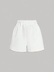 SHEIN MOD Short taille moyenne en velours côtelé de couleur unie avec nœud en couleur contrastée - Blanc - Voir 1