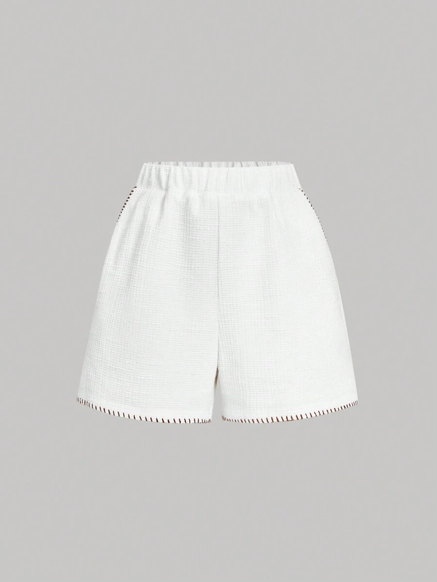 SHEIN MOD Short taille moyenne en velours côtelé de couleur unie avec nœud en couleur contrastée - Blanc - Voir 1