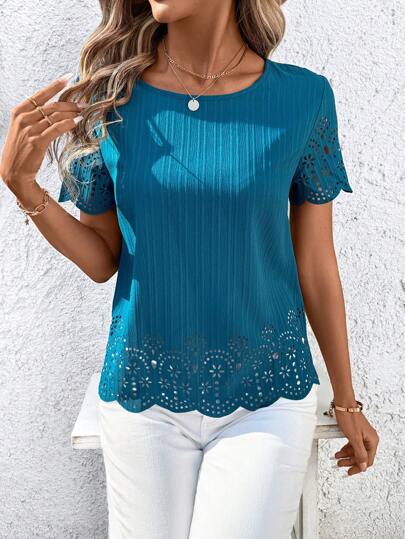 SHEIN Clasi 女式休闲纯色短袖烂花图案衬衫，春夏