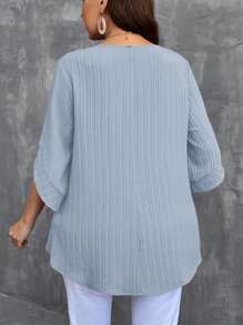 SHEIN LUNE Plus Size Solid Color Round Neck Short Sleeve Button-Up Casual Shirt - Baby Blue - View 2