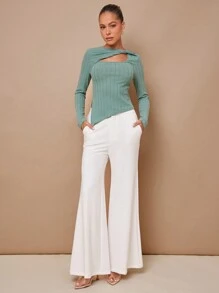 L'Amorae Women Solid Color Hollow Out Casual Slim Fit Long Sleeve Blouse - Green - View 4