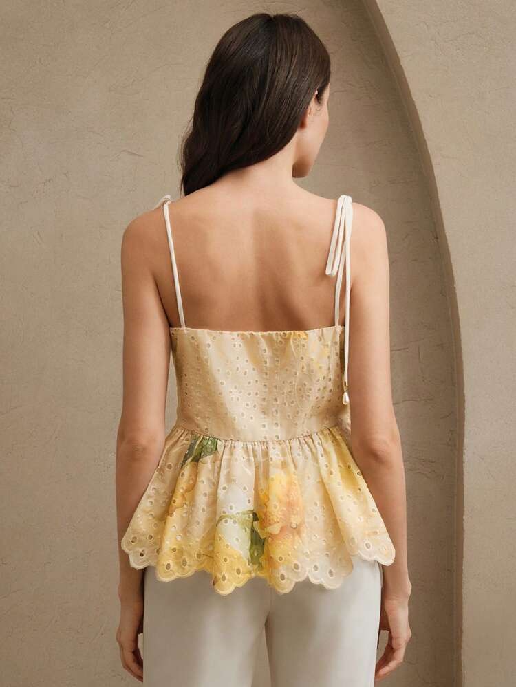 Women Floral Embroidery Hollow Out Patched Lace Bowknot Waist Elegant A-Line Backless Tank Top, Suitable For Festivals, Going Out, Vacation, Summer