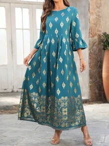 EMERY ROSE Women's Round Neck Printed Pleated Simple Casual Long Dress - Multicolor - View 3