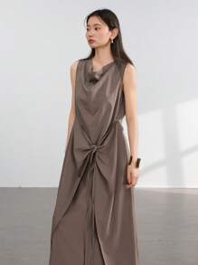 Dazy-Less Vestido de mujer de media pantorrilla con cuello con cordón, botones y diseño de lino de unicolor, estilo antiguo casual, para el verano